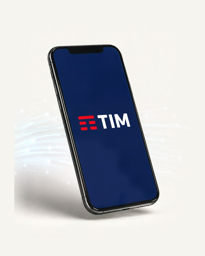 Celular com a marca TIM na tela sobre um feixe de fibra óptica