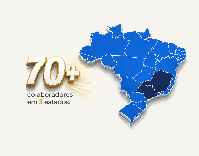 Mapa do Brasil com Minas Gerais destacado — 70+ colaboradores em 3 estados