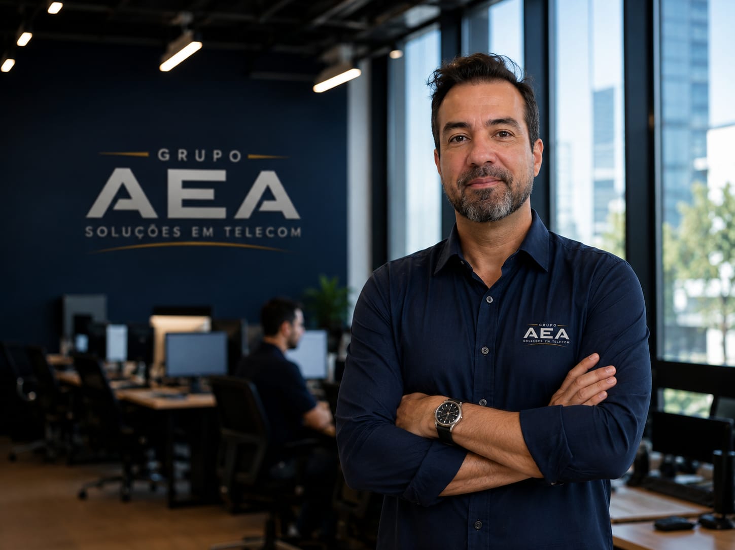 Consultor do Grupo AEA no escritório, com a equipe ao fundo